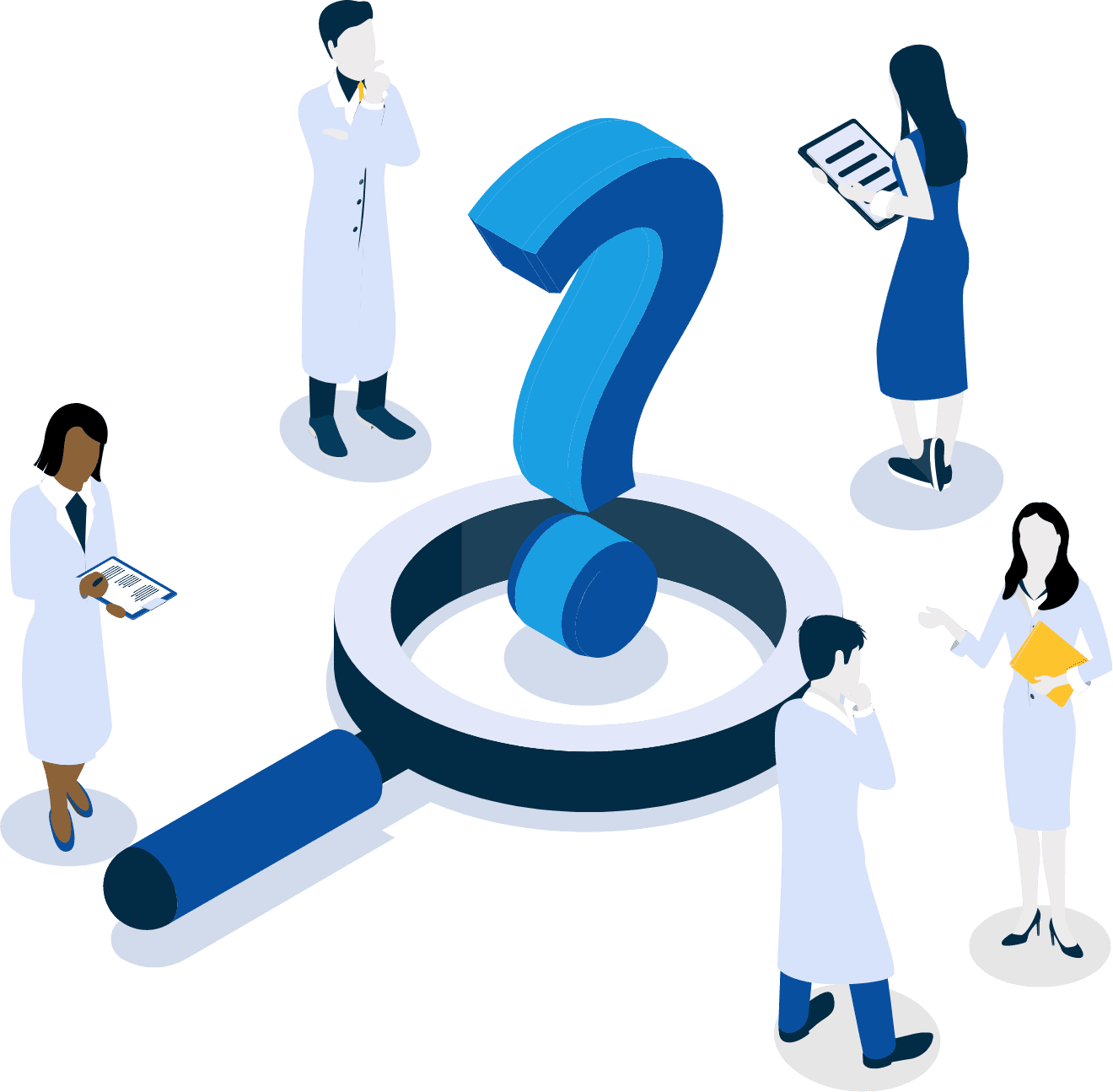 Illustration showing a team of specialists around a giant question mark representing QSFs